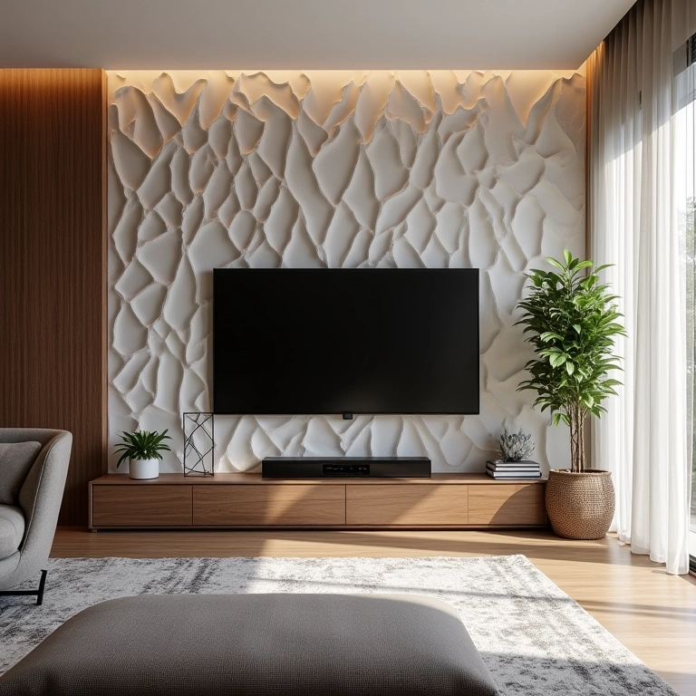 Revestimento 3D texturizado na parede da TV, transformando a sala de estar.