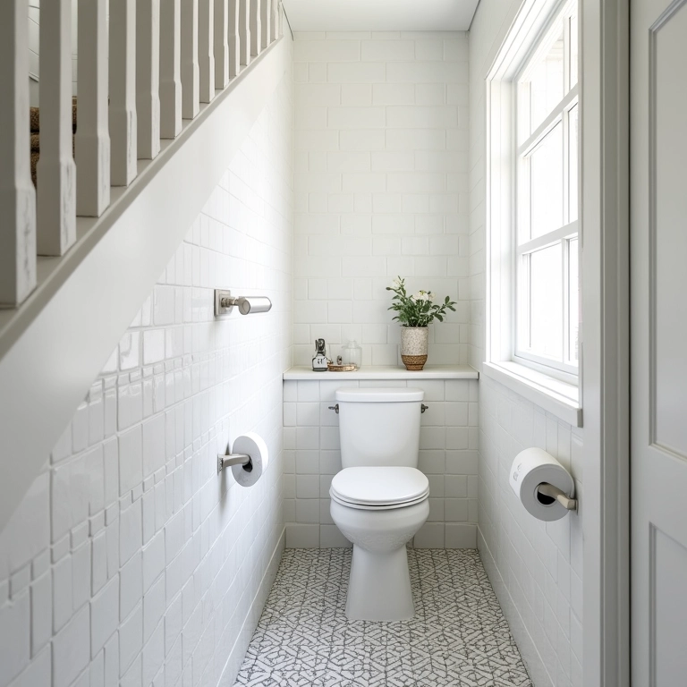 Revestimentos claros ampliando espaço em lavabo sob escada.