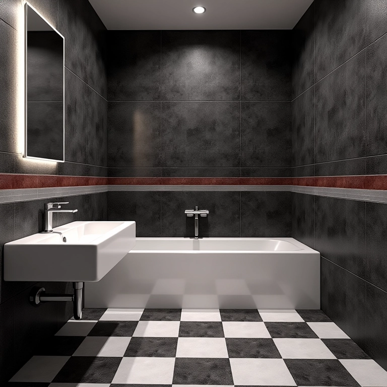 Revestimentos que lembram as pistas de corrida no banheiro temático.