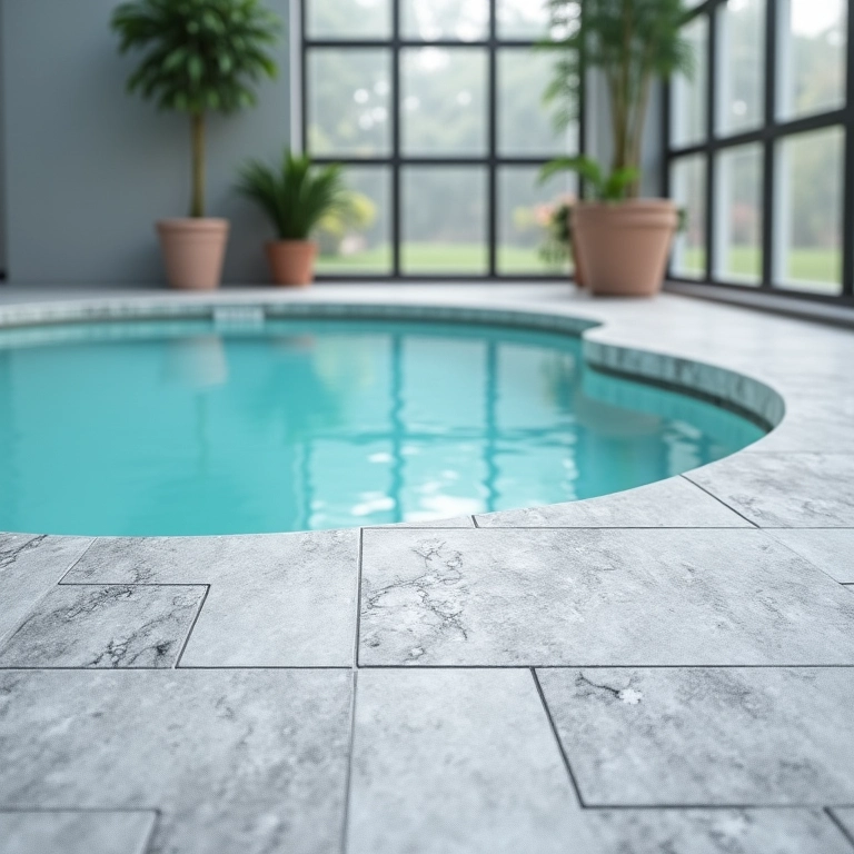 Revestimentos resistentes à umidade garantem durabilidade da piscina coberta.