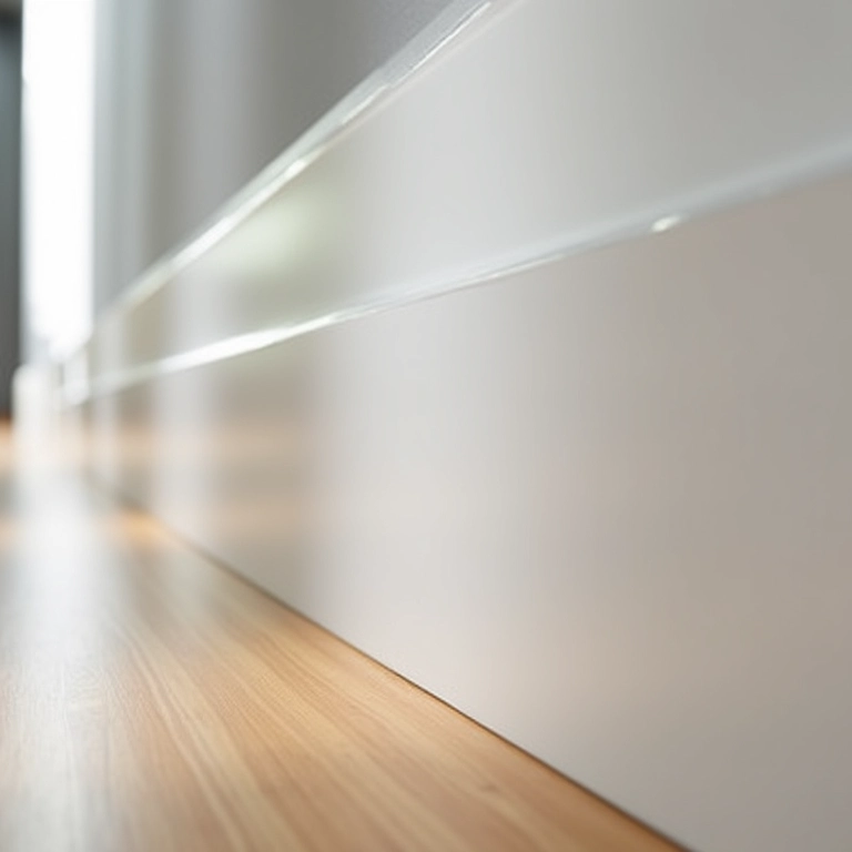 Rodapé invertido disfarçando imperfeições na parede de um corredor moderno.