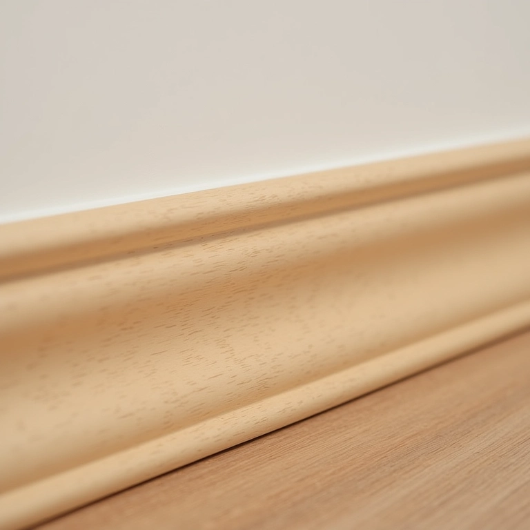 Rodapé invertido feito de madeira, detalhe da textura e acabamento.