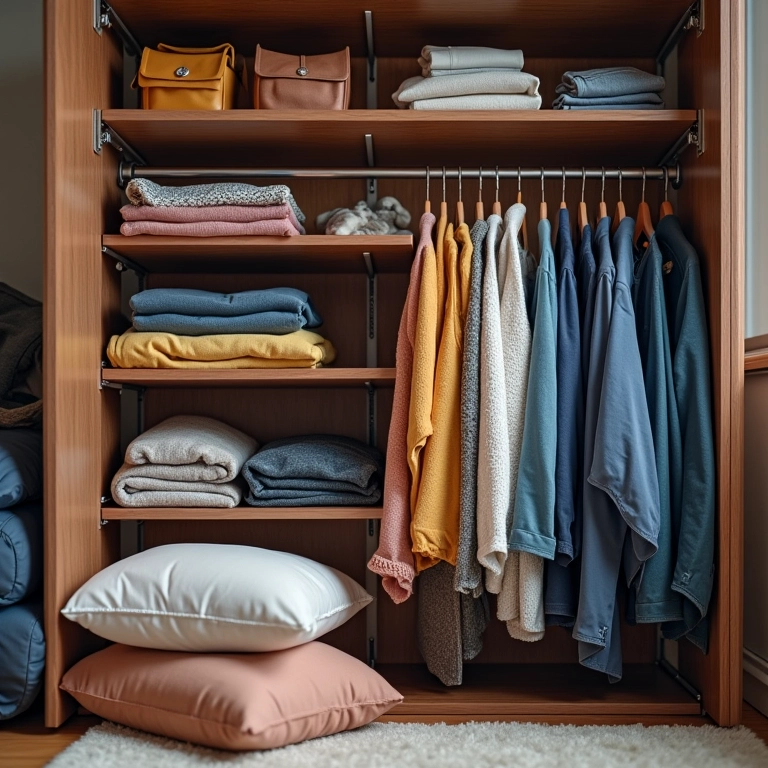Roupas de inverno organizadas em sacos a vácuo.