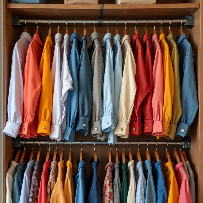 Roupas organizadas por categorias em um guarda-roupa colorido.