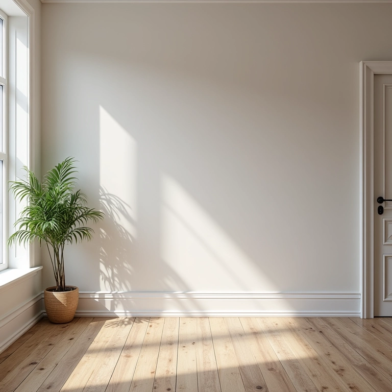 Sala ampla com rodapé invertido, enfatizando a amplitude visual e linhas limpas.