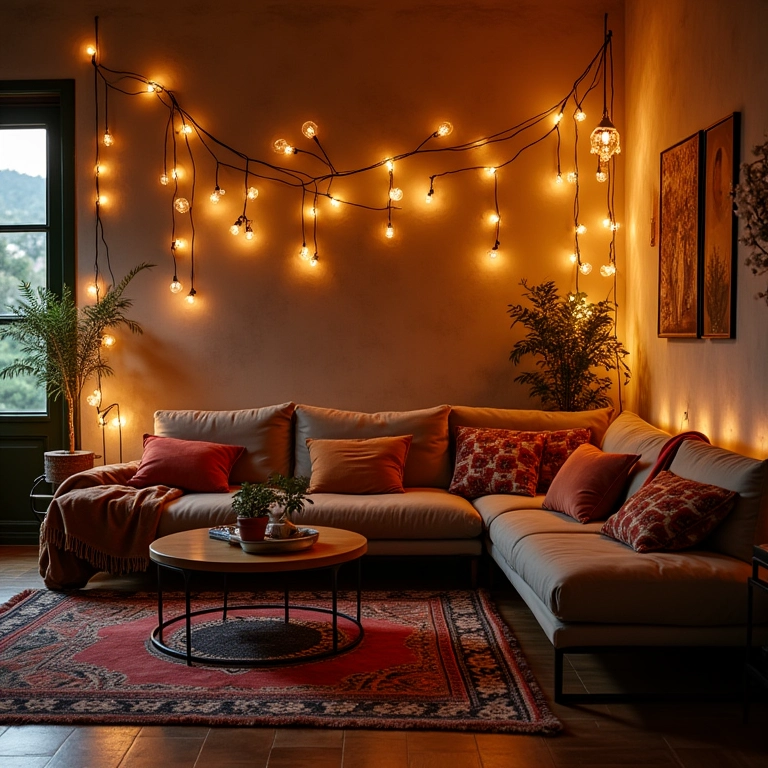 Sala com iluminação de Natal e cordões de luzes, estilo Stranger Things.