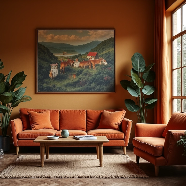 Sala com mobiliário vintage, sofás confortáveis e poltronas clássicas.