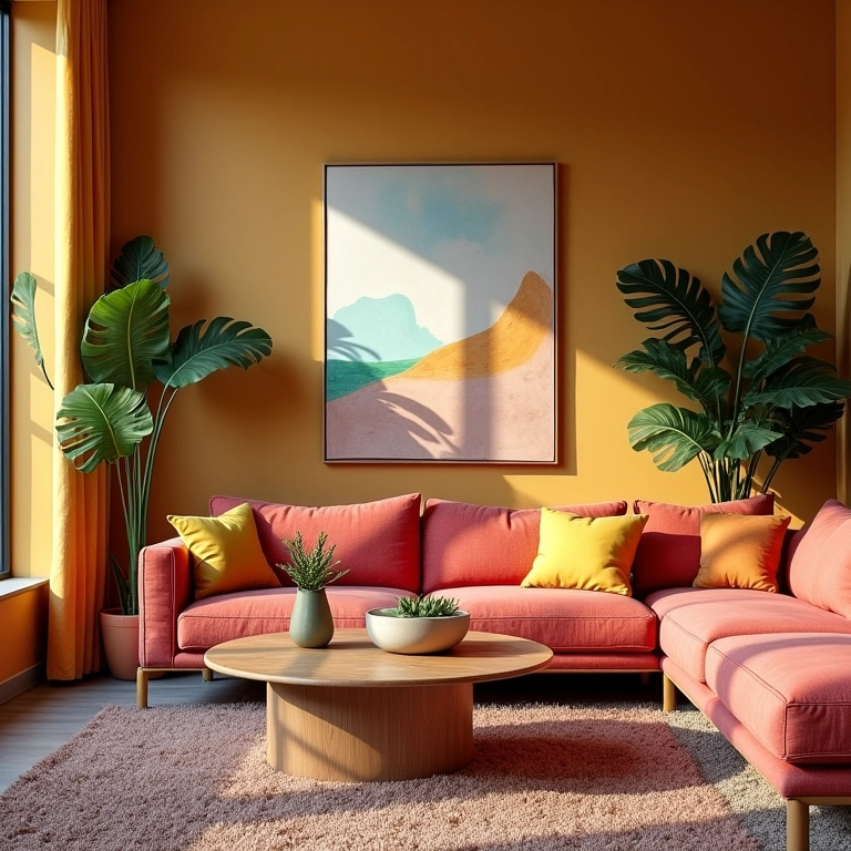 Sala com paleta de cores vibrante inspirada em Farm Rio.