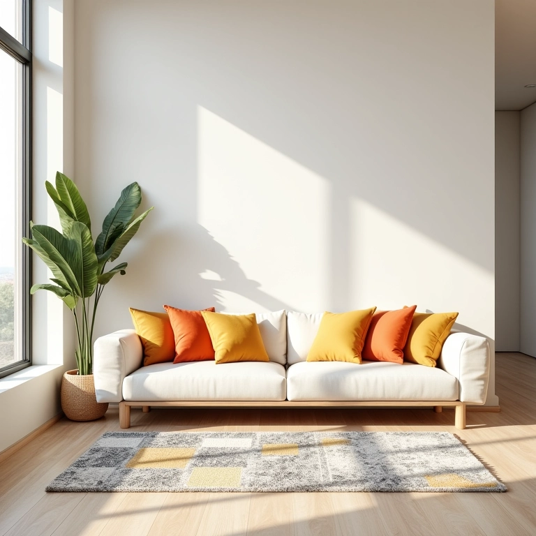 Sala com paredes neutras, almofadas coloridas e tapete geométrico.