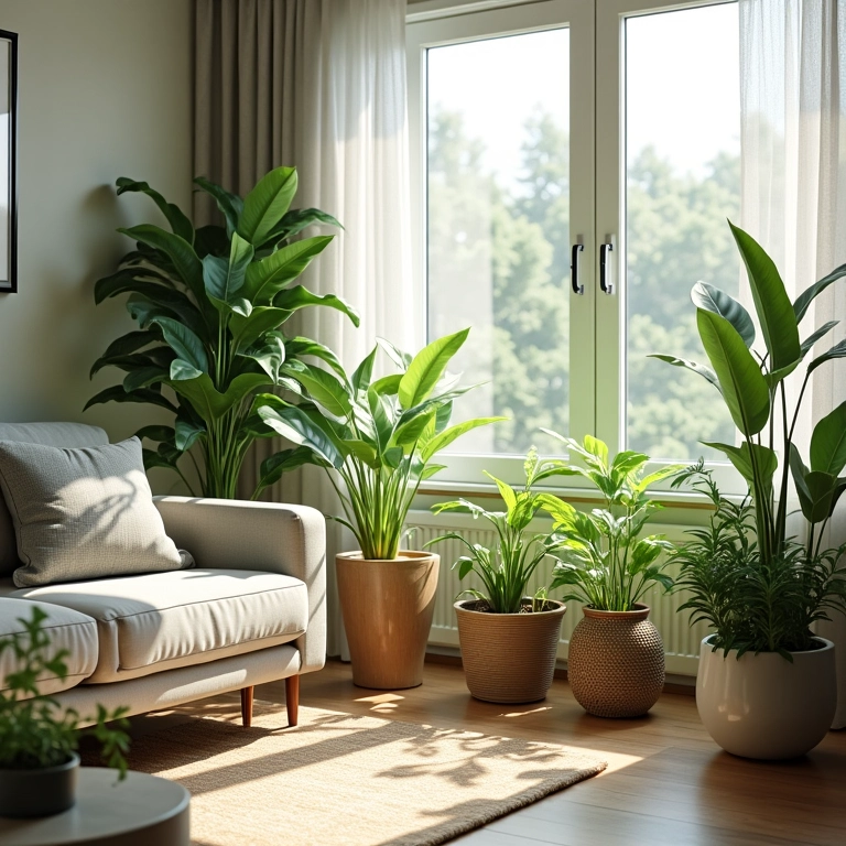 Sala com plantas internas adicionando vida e frescor.