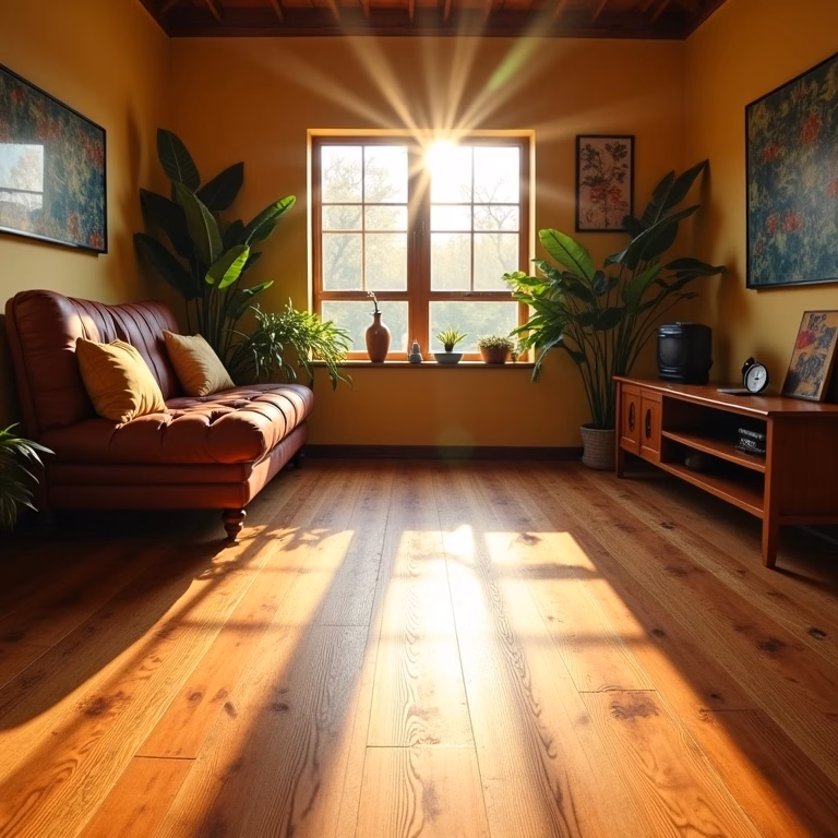 Sala de estar aconchegante com assoalho de madeira antigo restaurado, decoração vibrante estilo Farm Rio.