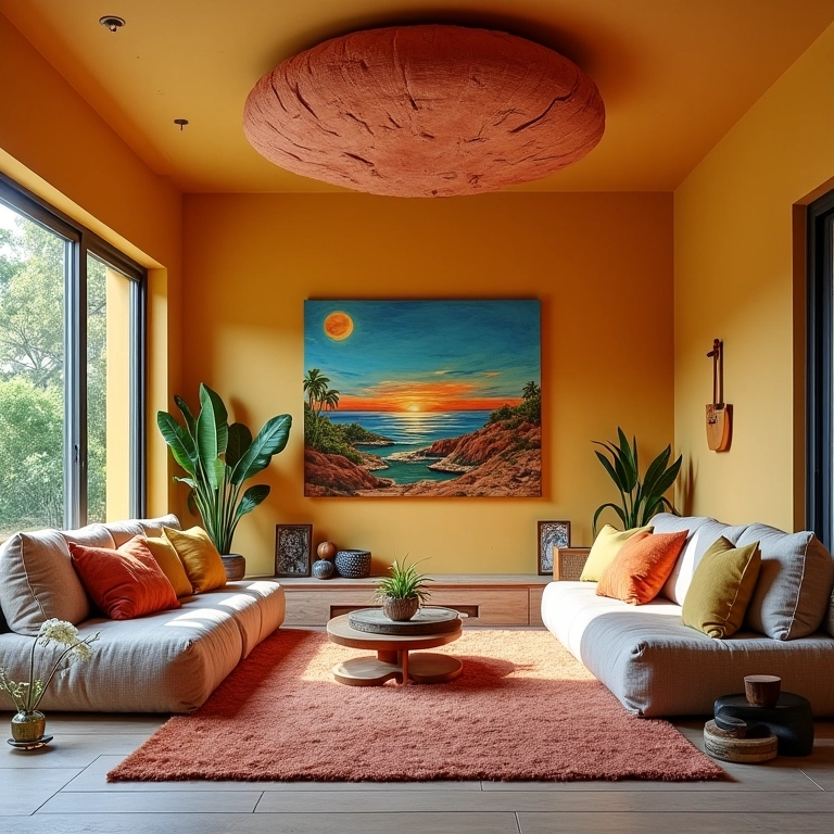 Sala de estar aconchegante com roda de gesso e decoração brasileira colorida.