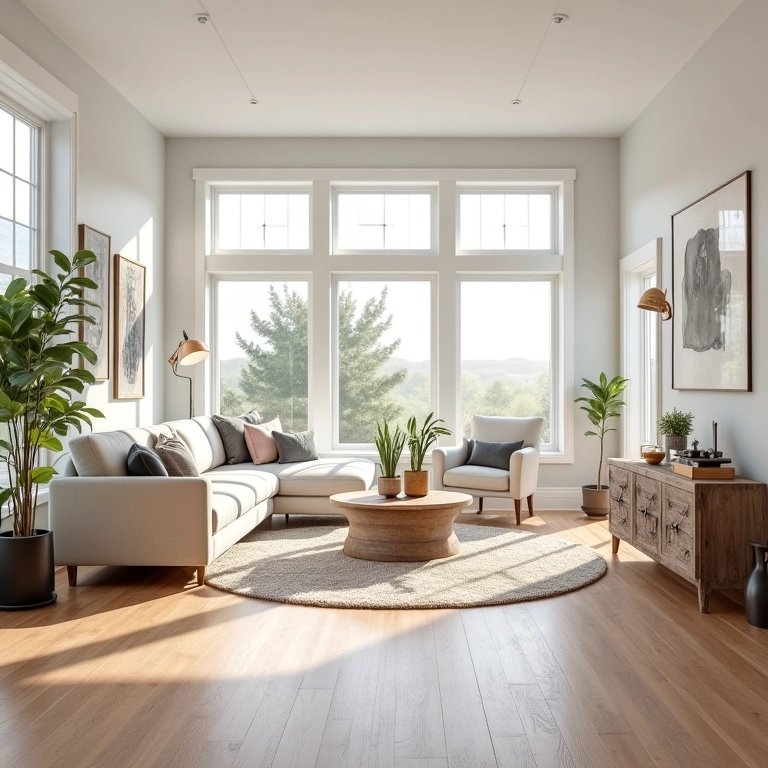 Sala de estar ampla com rodapé invertido e decoração inspirada na Farm Rio.