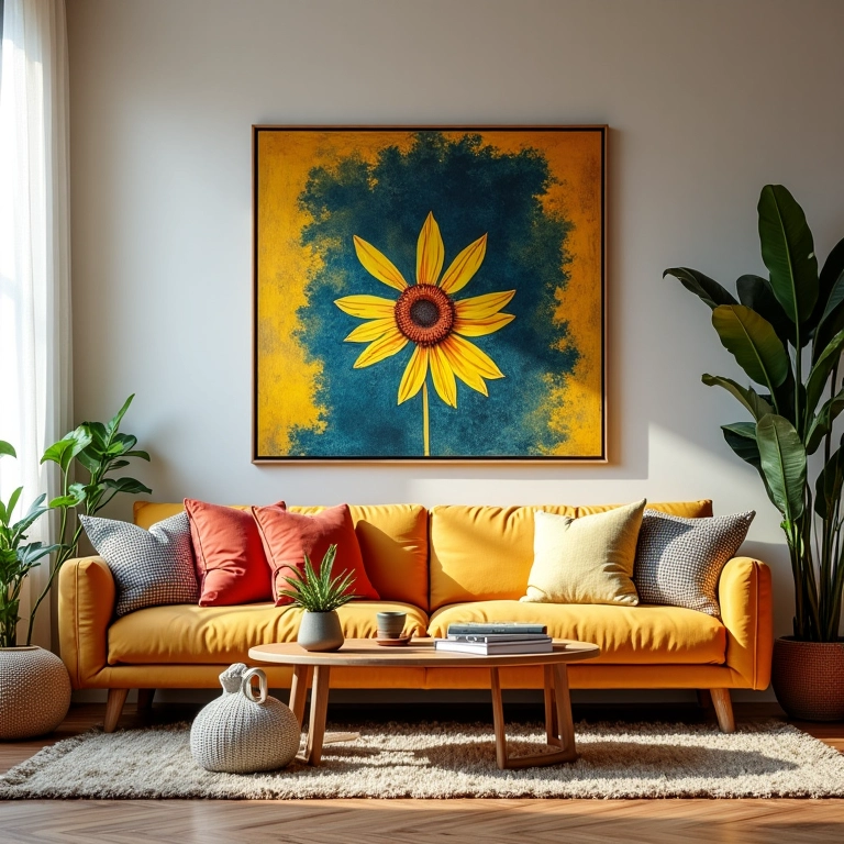 Sala de estar com arte brasileira e design autoral.