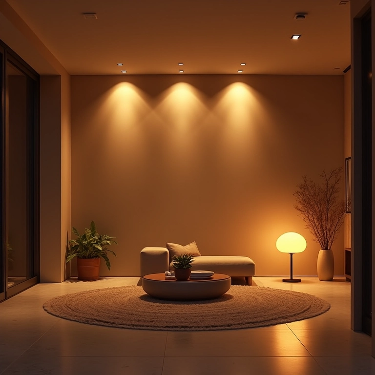 Sala de estar com iluminação estratégica e aconchegante.