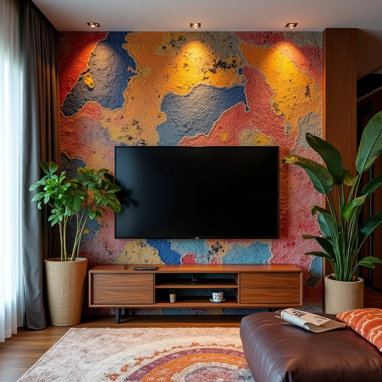 Sala de estar com papel de parede texturizado atrás da TV, com estampas vibrantes e cores.