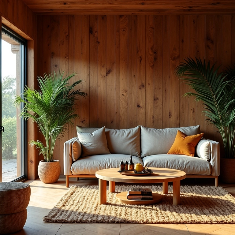 Sala de estar com parede de madeira de demolição, móveis vintage e decoração brasileira.