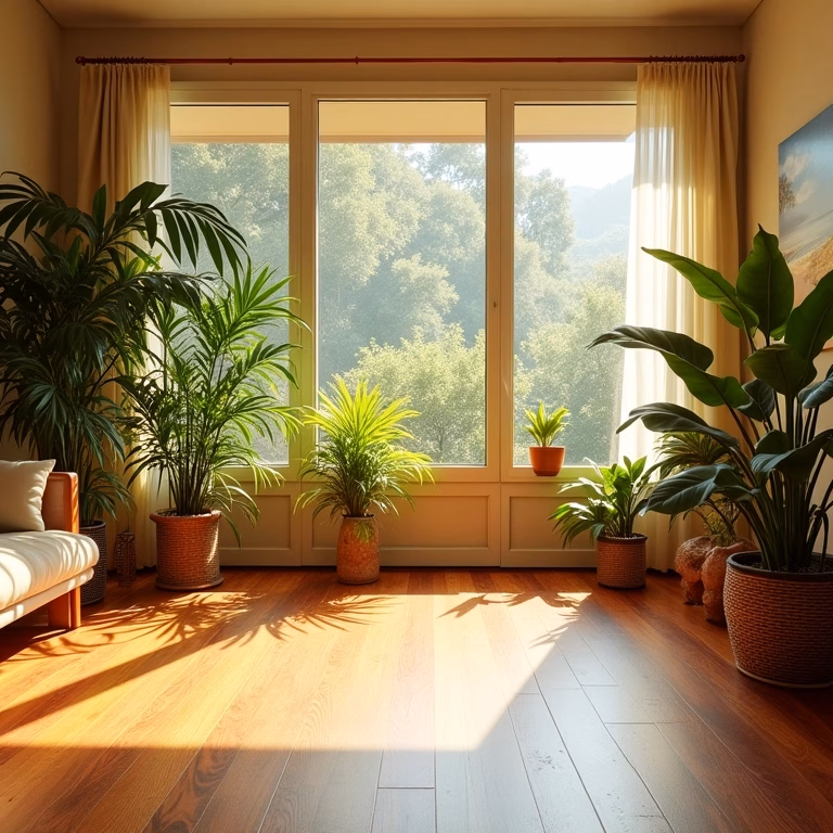 Sala de estar com piso de bambu prensado e decoração vibrante.