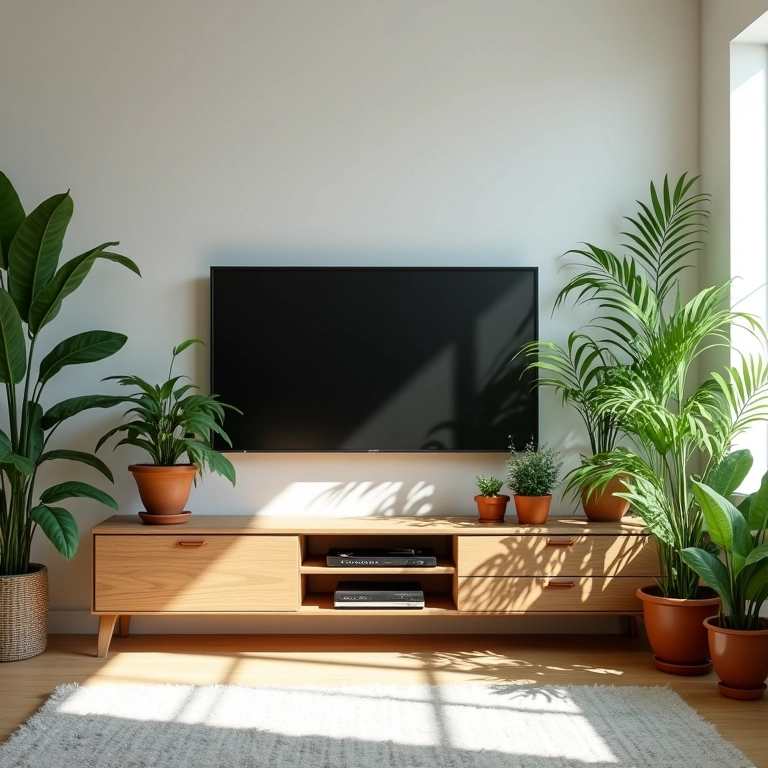 Sala de estar com plantas ao redor da TV, trazendo um toque de natureza.