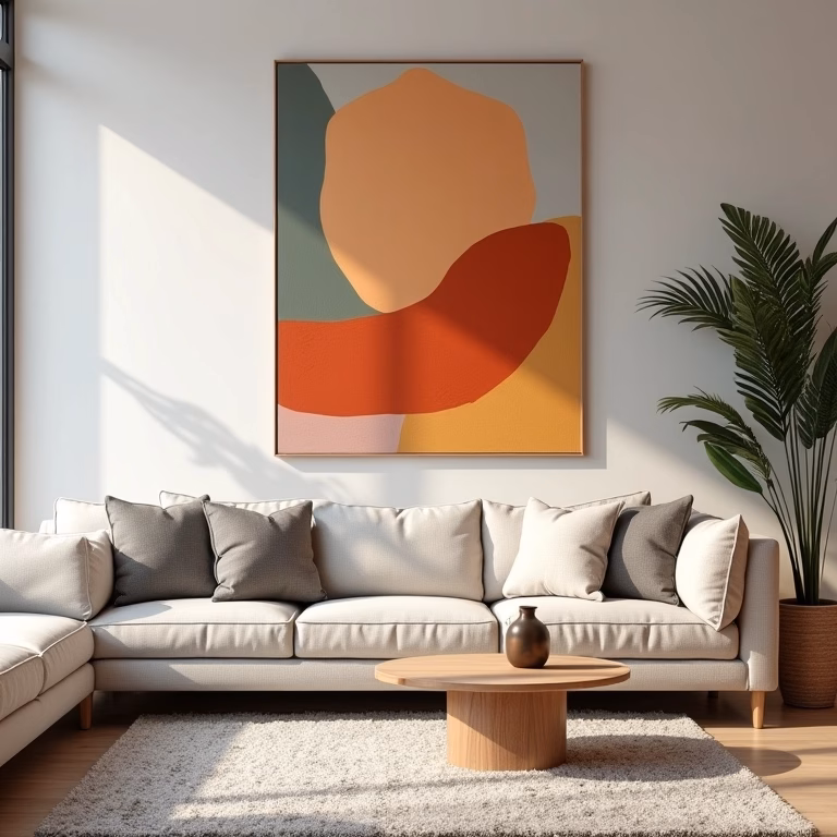 Sala de estar contemporânea com cores neutras e obras de arte vibrantes, design brasileiro.
