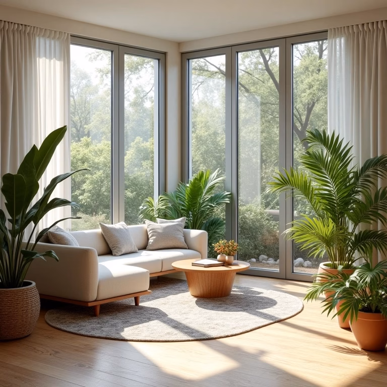 Sala de estar moderna com materiais sustentáveis como madeira, bambu e iluminação natural.