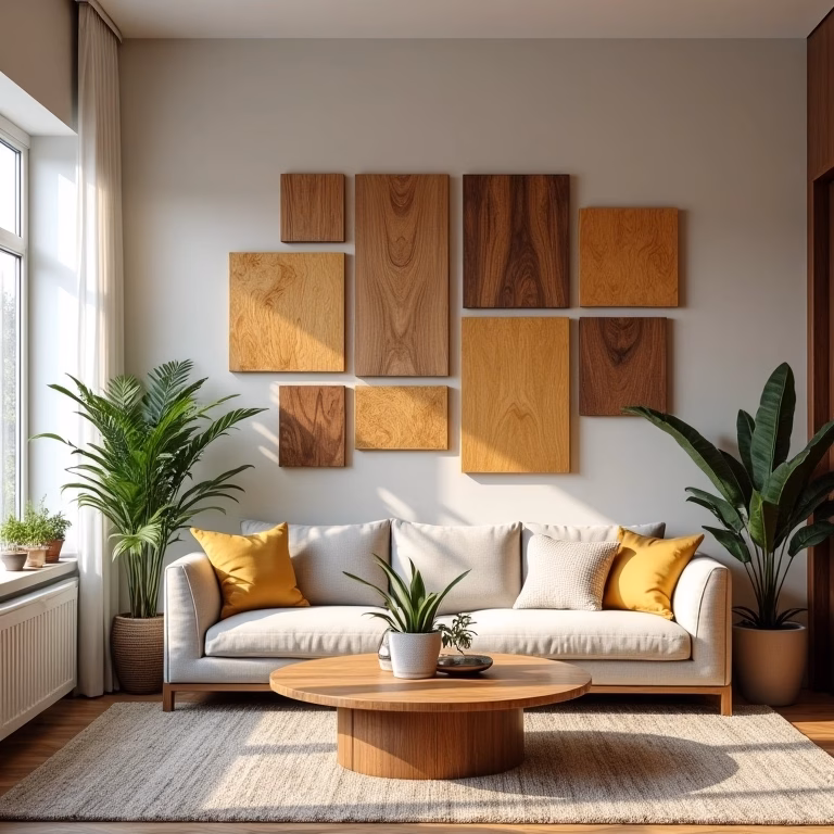 Sala de estar moderna com revestimentos de parede que imitam madeira.