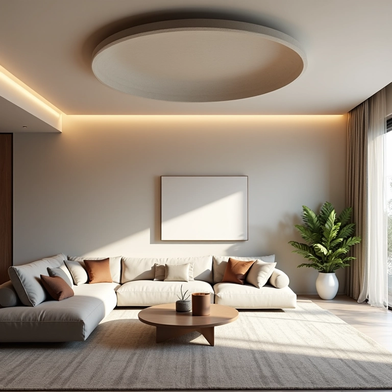 Sala de estar moderna com roda de gesso discreta.