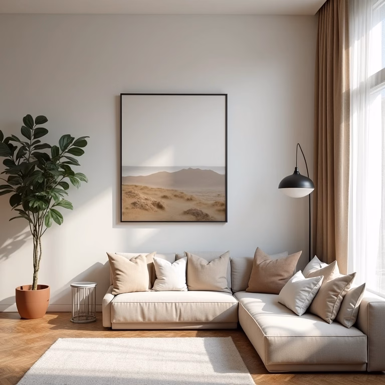 Sala de estar moderna com rodapé invertido, iluminação natural e decoração minimalista.