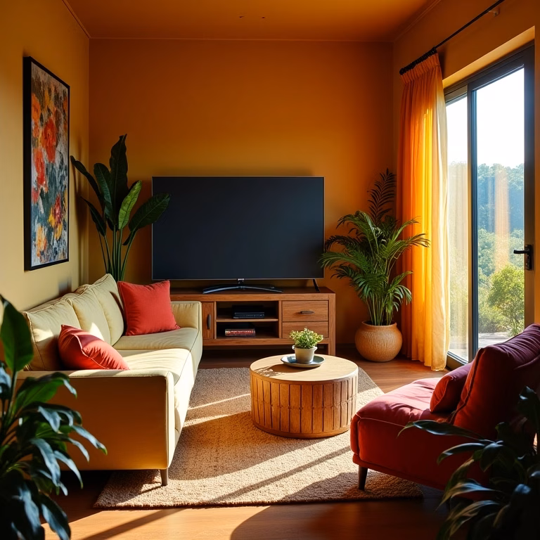 Sala de TV pequena e aconchegante com decoração brasileira.