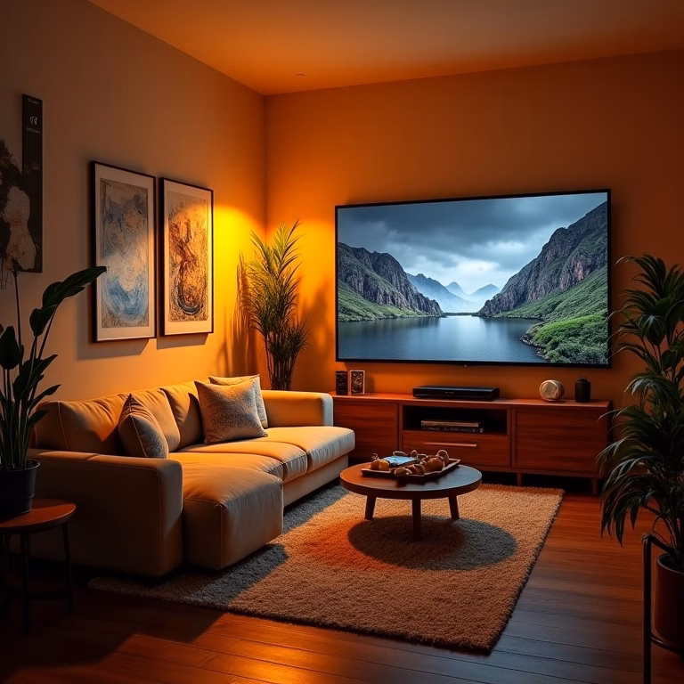 Sala de TV pequena e aconchegante com sofá grande e confortável e TV grande.