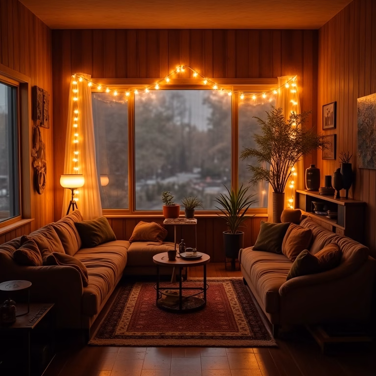 Sala decorada no estilo Stranger Things com iluminação aconchegante e objetos vintage.