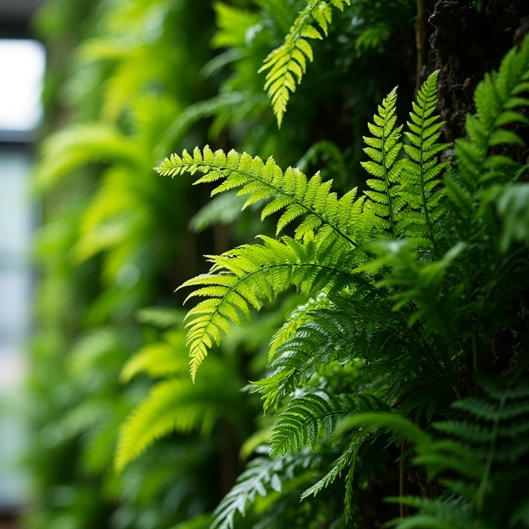 Samambaias exuberantes crescendo em um jardim vertical em escritório.