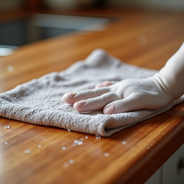 Secagem imediata de água na bancada de madeira.