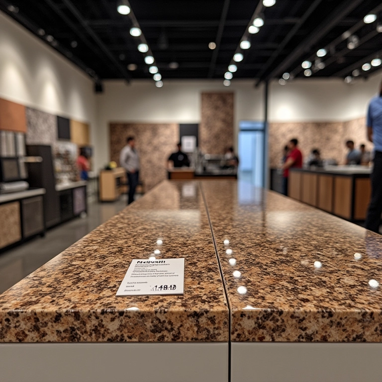 Showroom com diversas opções de granito marrom à venda.