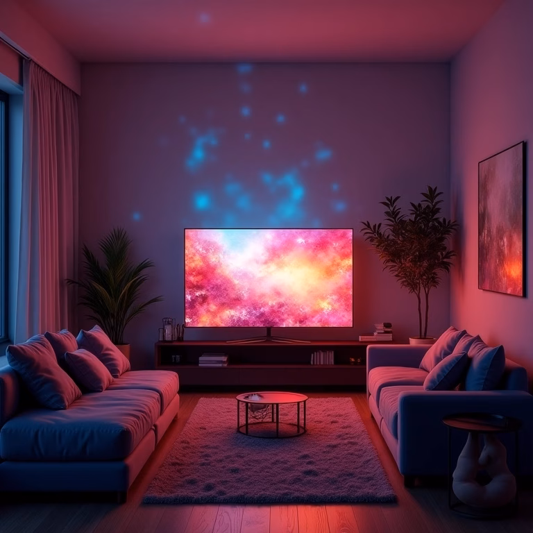 Simulador de TV em um ambiente aconchegante, criando a ilusão de uma televisão ligada.