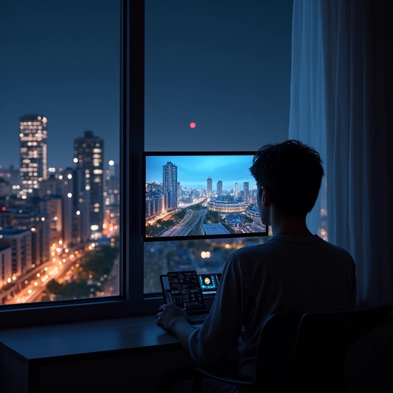 Simulador de TV em um apartamento, refletindo a luz em edifícios próximos.