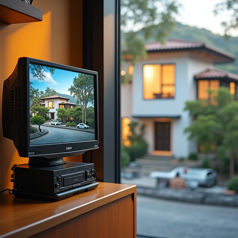 Simulador de TV posicionado estrategicamente em uma prateleira perto da janela.