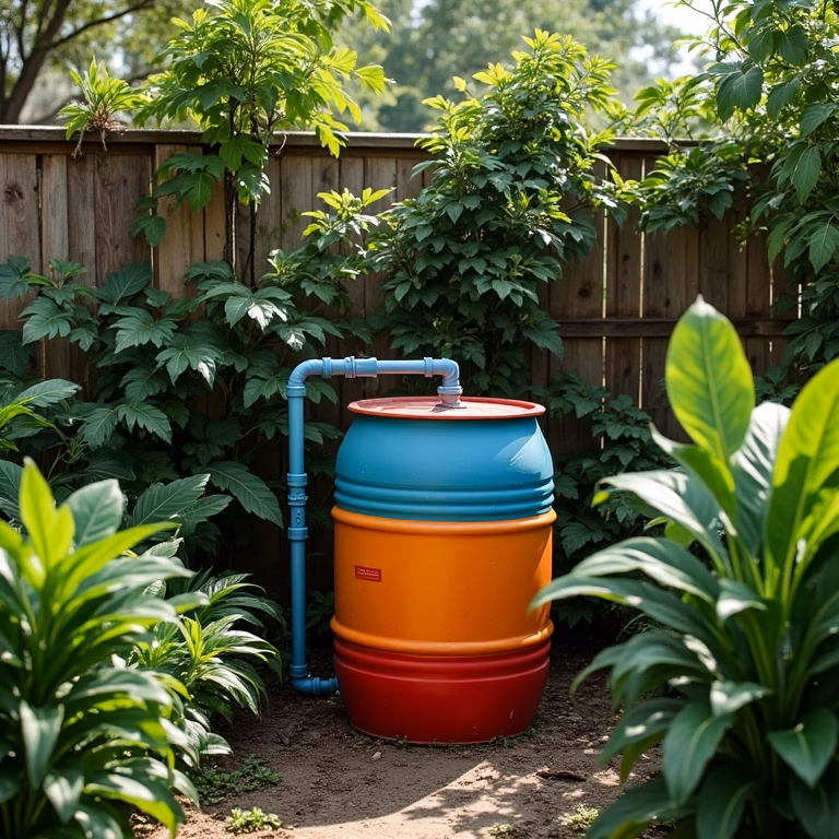 Sistema caseiro de captação de água da chuva em quintal brasileiro.