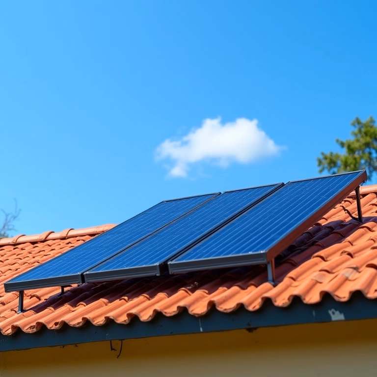 Sistema de aquecimento solar de água instalado em telhado de residência brasileira.