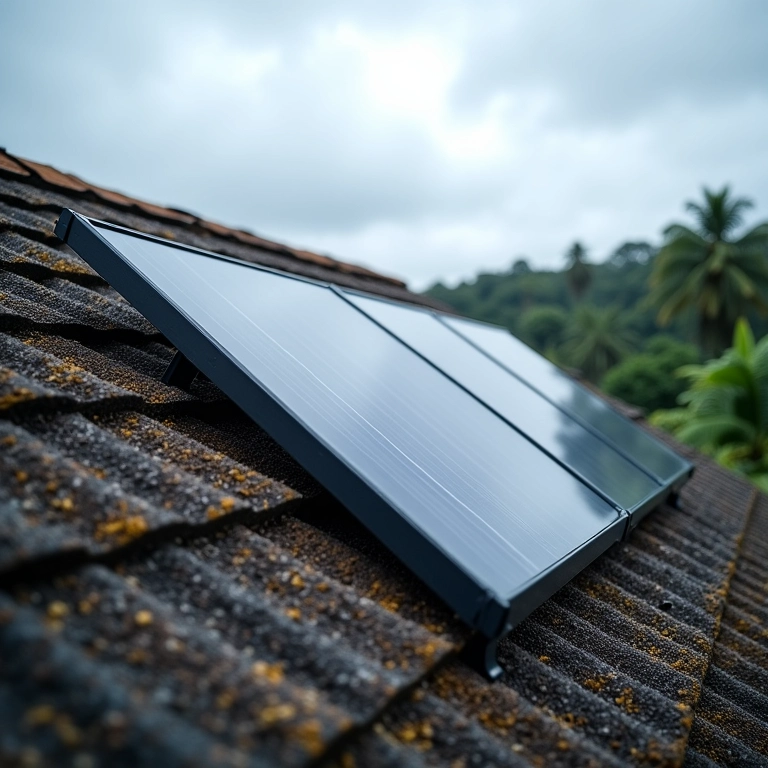 Sistema de aquecimento solar funcionando em dia nublado no Brasil.