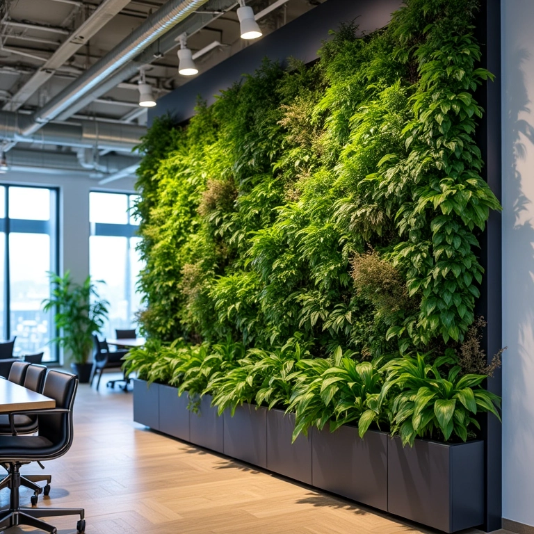 Sistema modular de jardim vertical em parede de escritório.