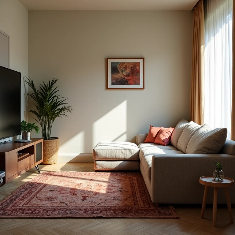 Sofá retrátil e reclinável confortável em sala de TV pequena.