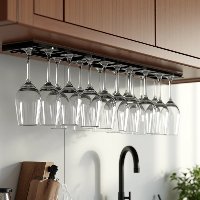 Suporte aramado para taças instalado sob armário de cozinha moderna.