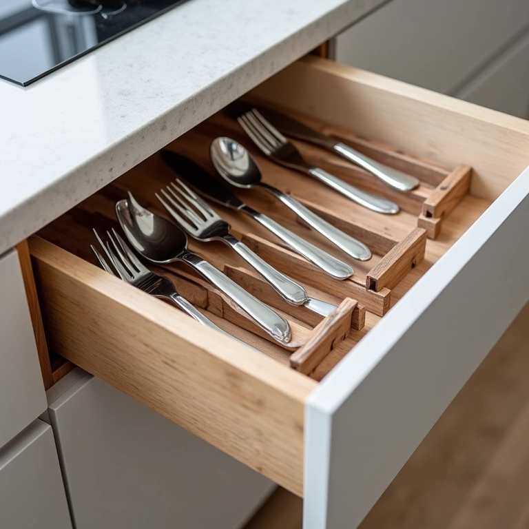 Suportes verticais de talheres otimizando o espaço na gaveta.