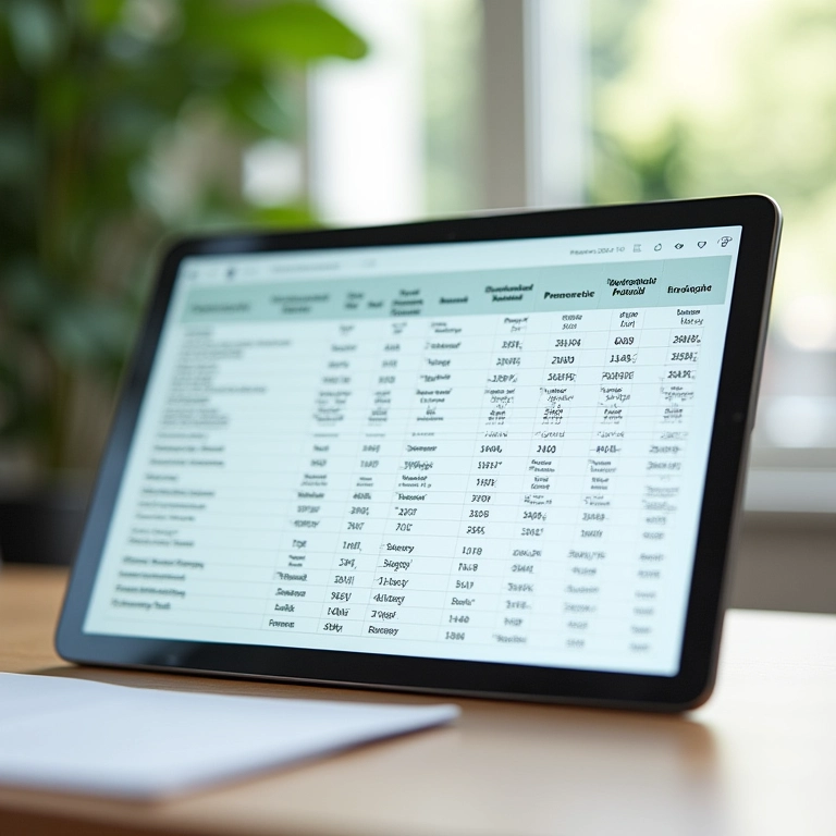 Tablet mostrando uma planilha de materiais sustentáveis.