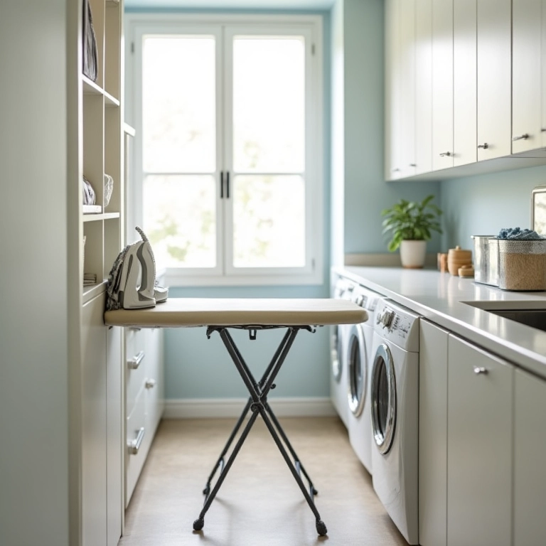 Tábua de passar roupa dobrável em área de serviço.