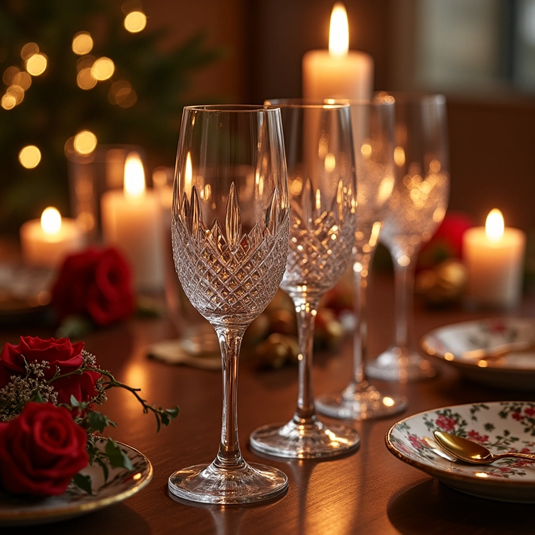 Taças de cristal da Bohemia em uma mesa de Natal elegante.