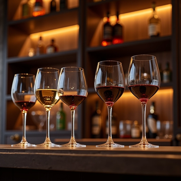 Taças de vinho organizadas em nichos sob medida em um bar elegante.