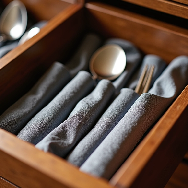 Talheres embalados em rolinhos de feltro ou tecido em gaveta.