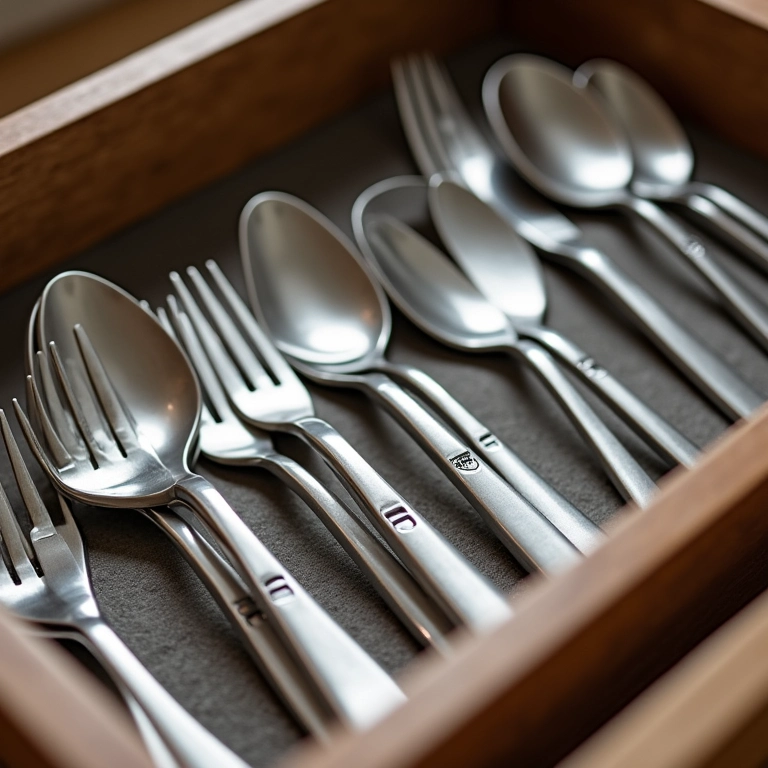 Talheres organizados com etiquetas identificando cada seção na gaveta.